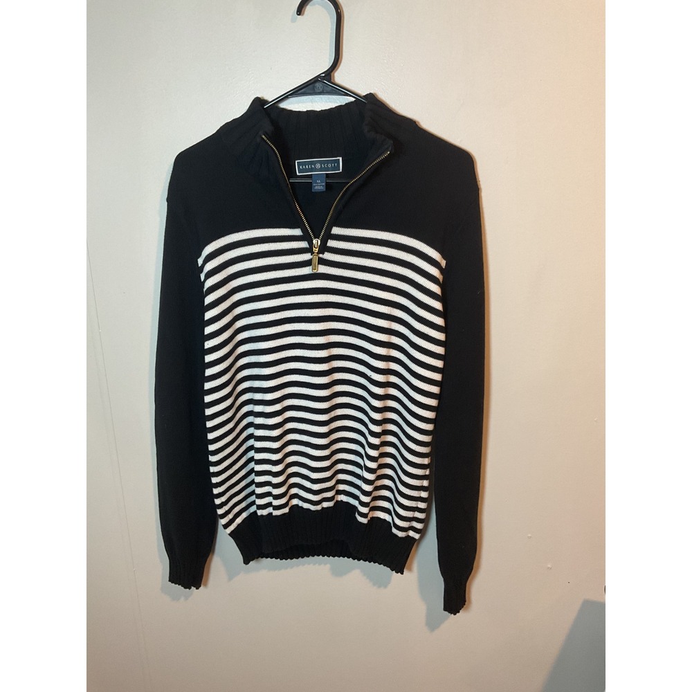 Karen Scott Womens XL‎ Striped Quarter Zip Sweater Black White Cotton